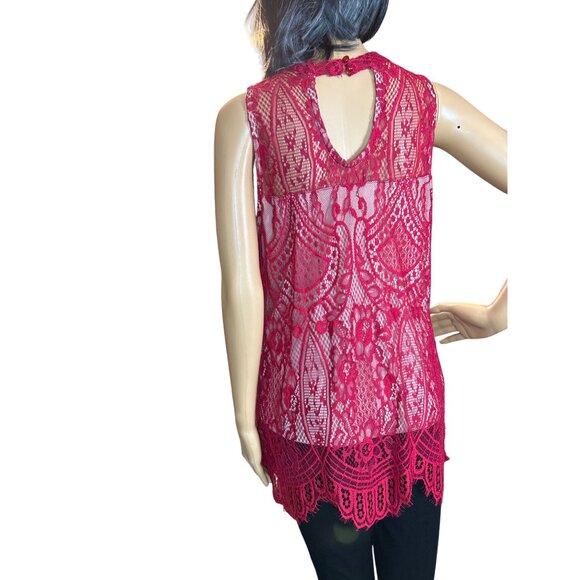 Love Fire Womens Sleeveless Lace Blouse Size L Red Sheer Romantic Boho - Picture 4 of 10